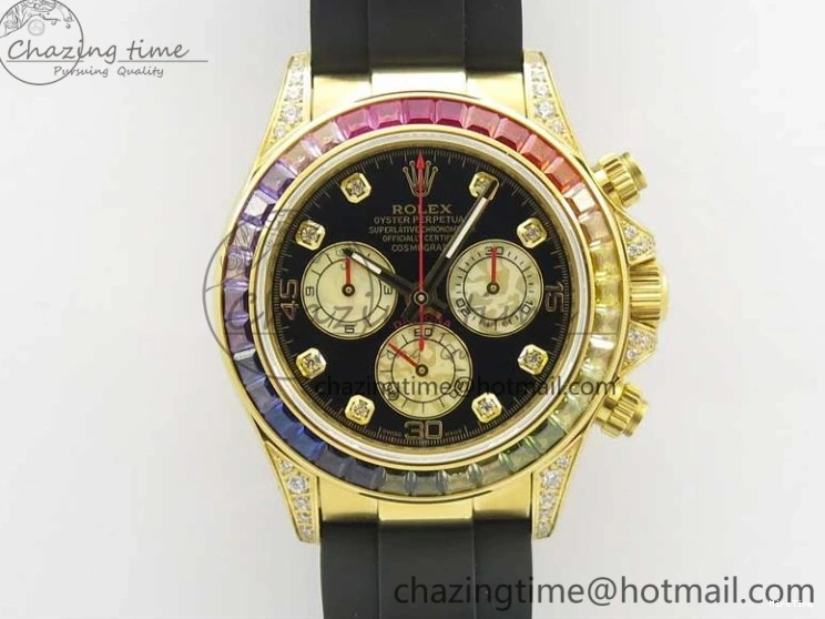 MiroTime 0124 Daytona 116589RBOW YG Rainbow Crystal BLF Best Edition Black Dial on Rubber Strap A EasyMatch 3238